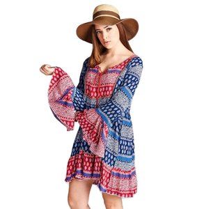 Velzera Tassel Tie Bell Sleeve Mini Dress, Blue